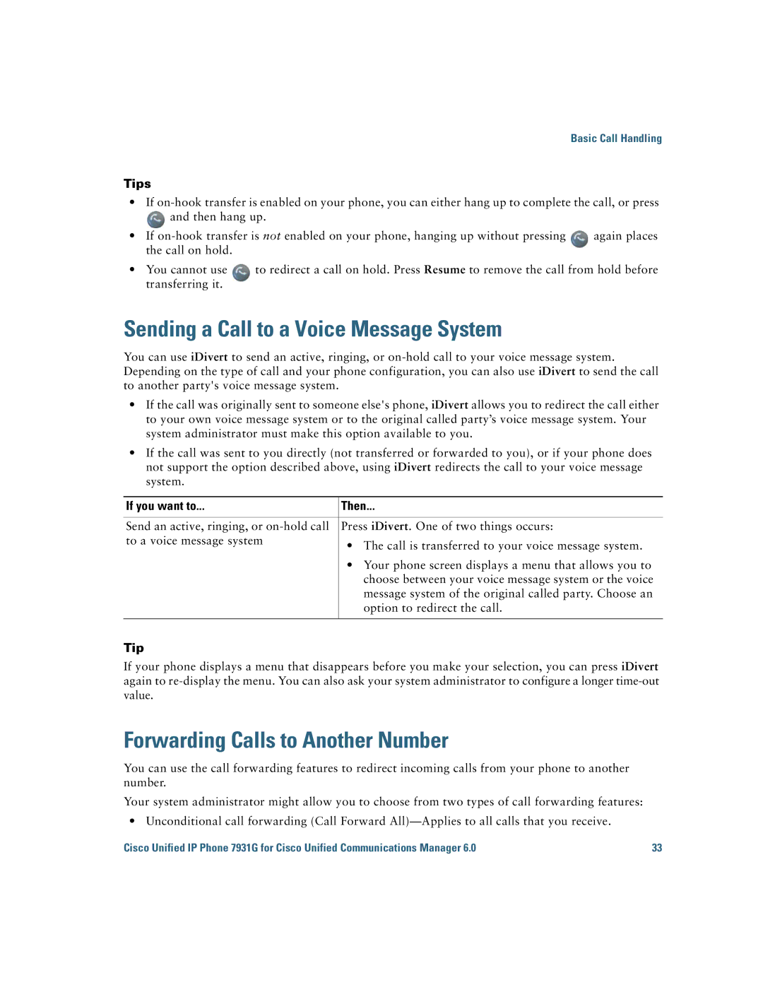 Cisco Systems 7931G manual Sending a Call to a Voice Message System, Forwarding Calls to Another Number 