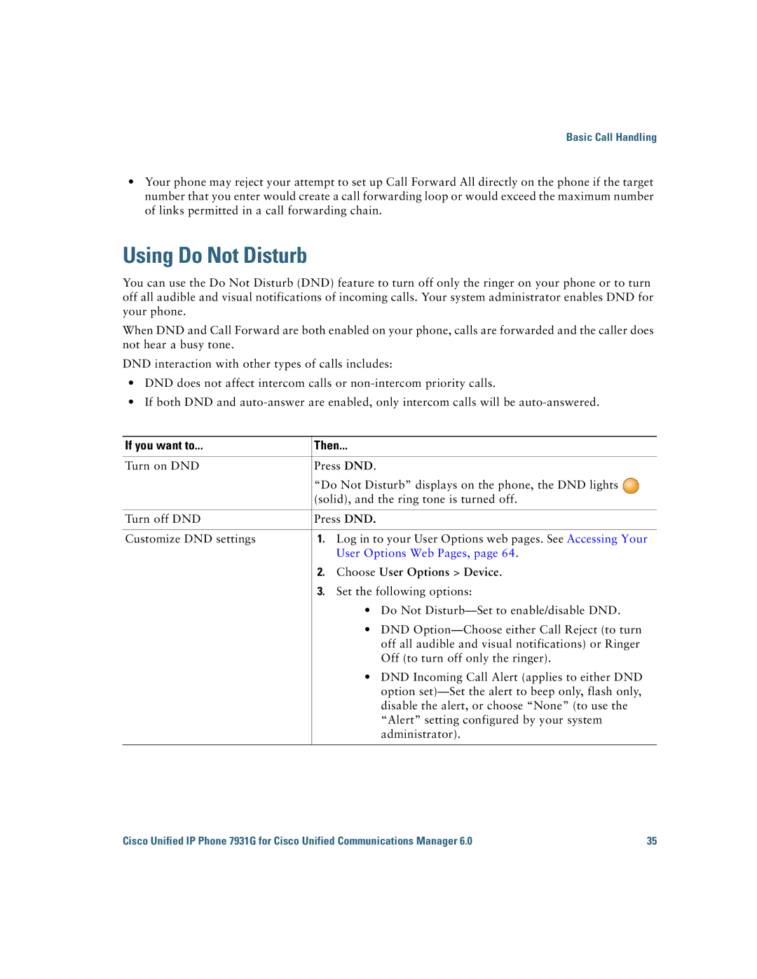 Cisco Systems 7931G manual Using Do Not Disturb, Choose User Options Device 