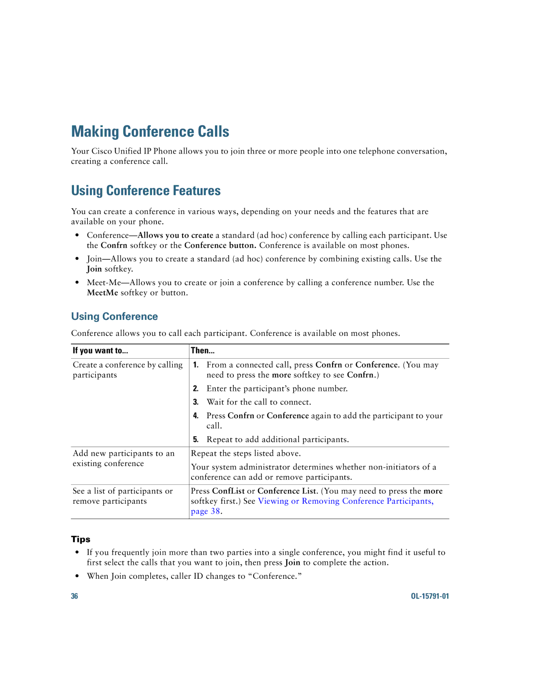 Cisco Systems 7931G manual Making Conference Calls, Using Conference Features 