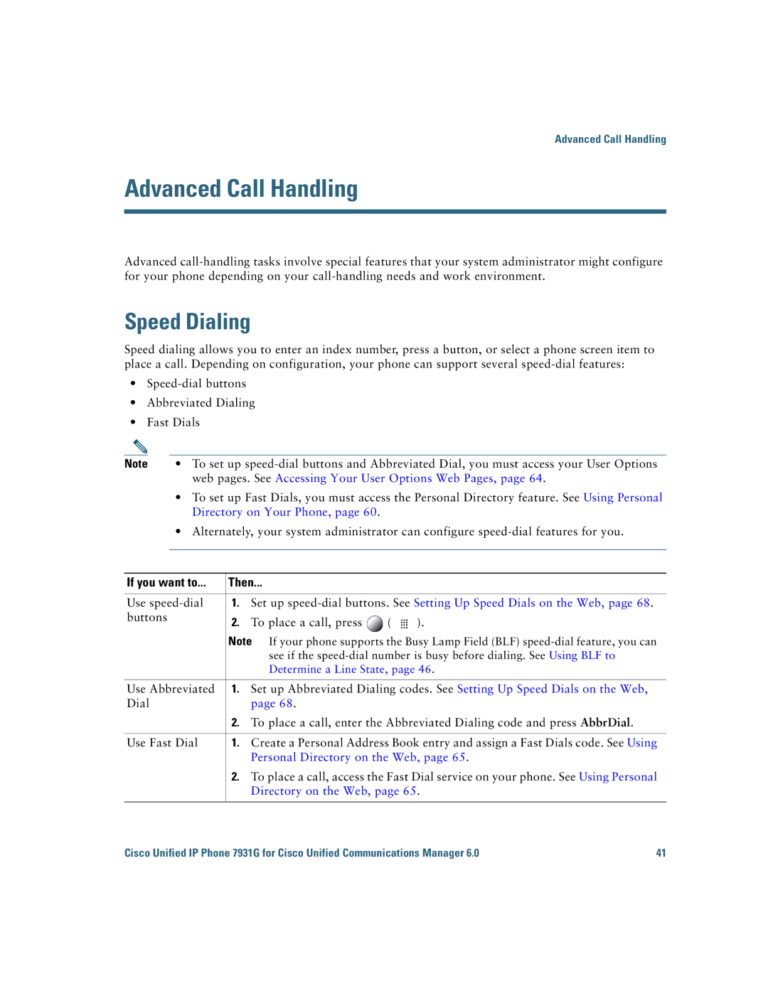 Cisco Systems 7931G manual Advanced Call Handling, Speed Dialing 