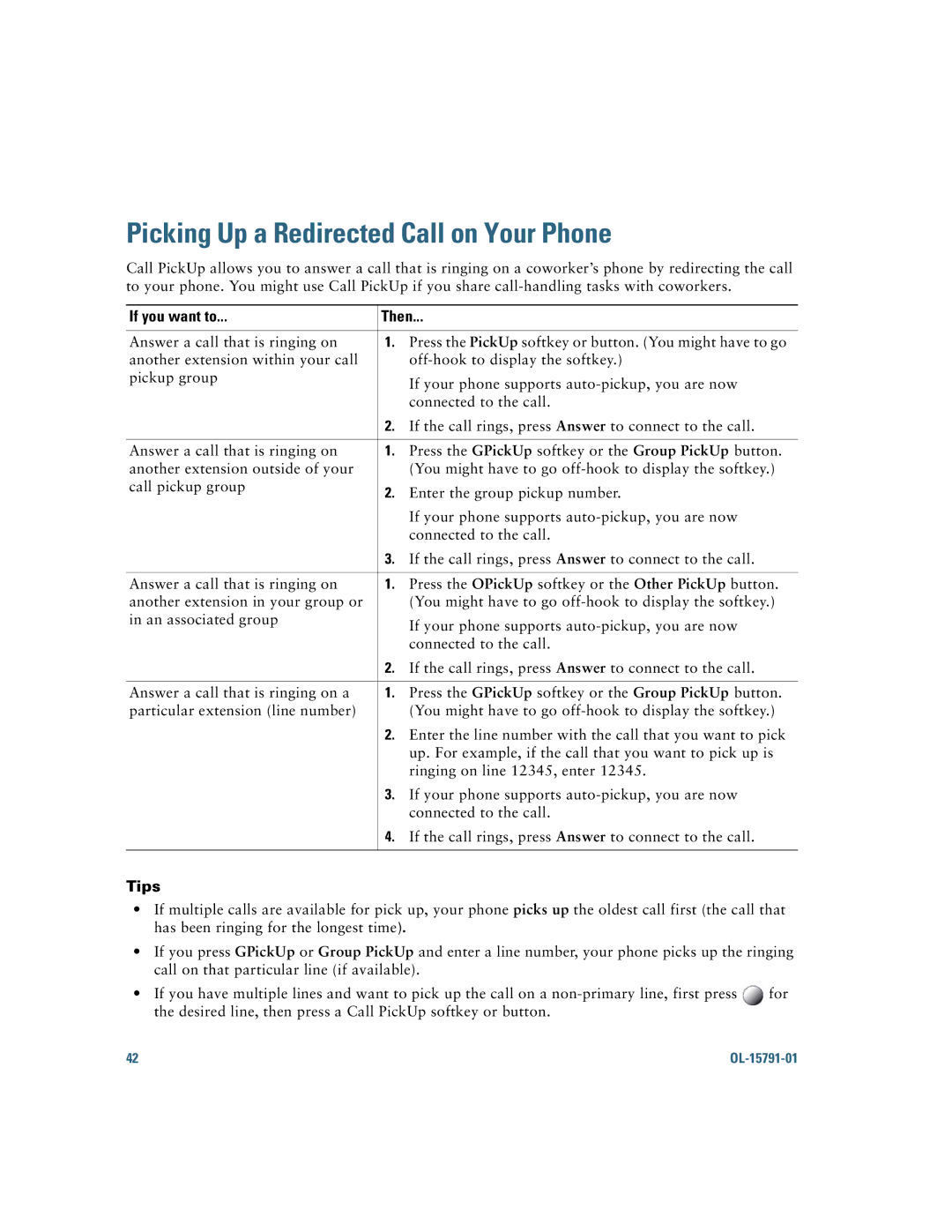 Cisco Systems 7931G manual Picking Up a Redirected Call on Your Phone, Tips 