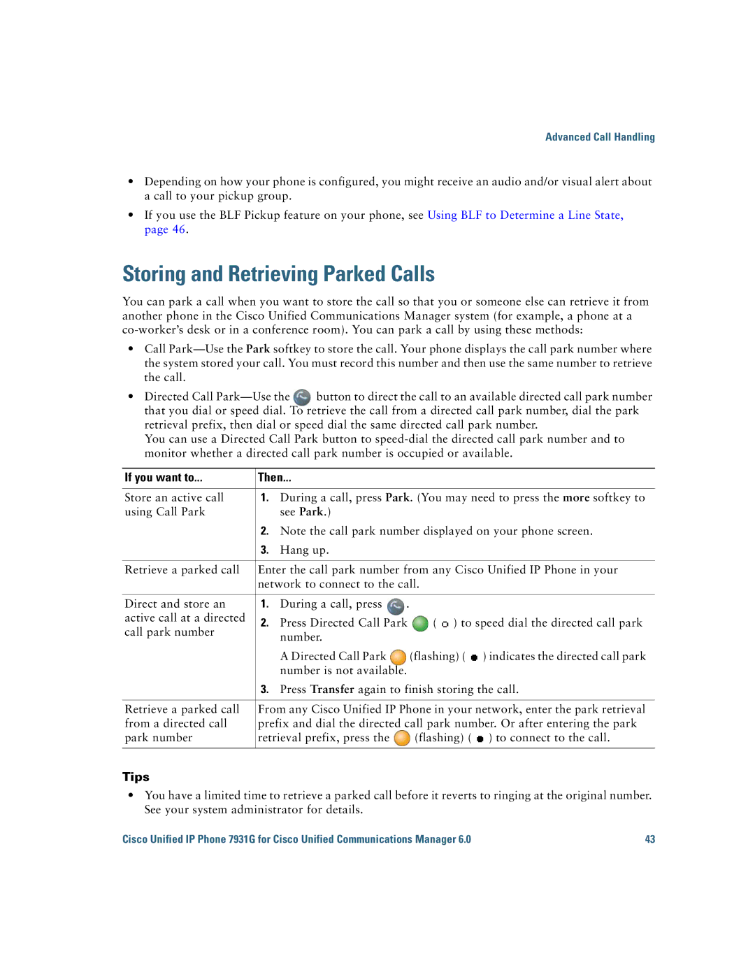 Cisco Systems 7931G manual Storing and Retrieving Parked Calls 