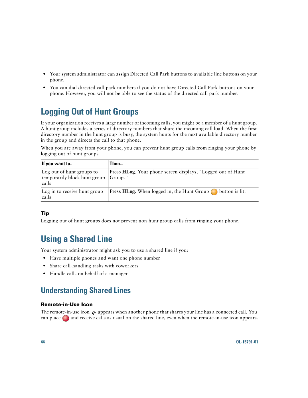 Cisco Systems 7931G manual Logging Out of Hunt Groups, Using a Shared Line, Understanding Shared Lines, Remote-in-Use Icon 