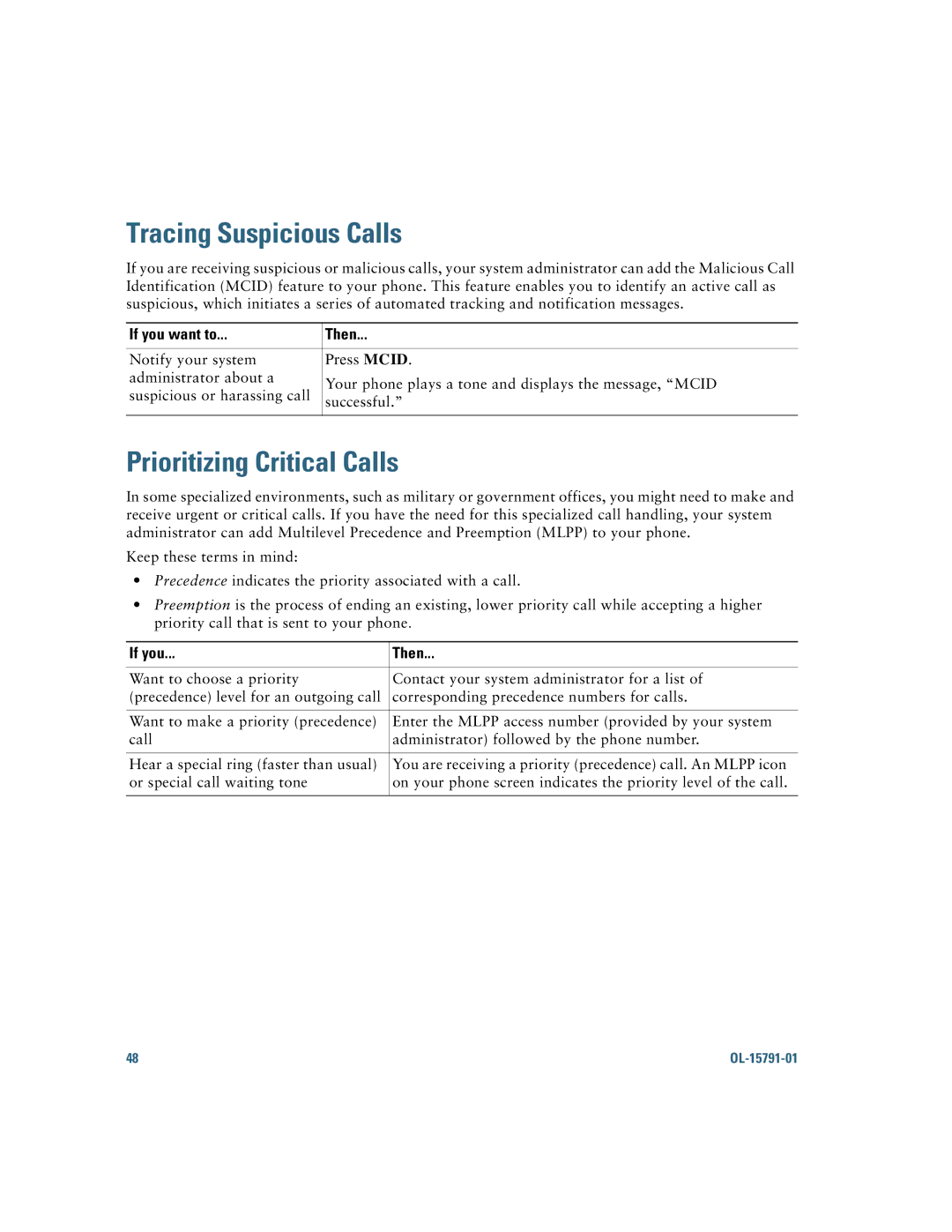 Cisco Systems 7931G manual Tracing Suspicious Calls, Prioritizing Critical Calls, If you Then 