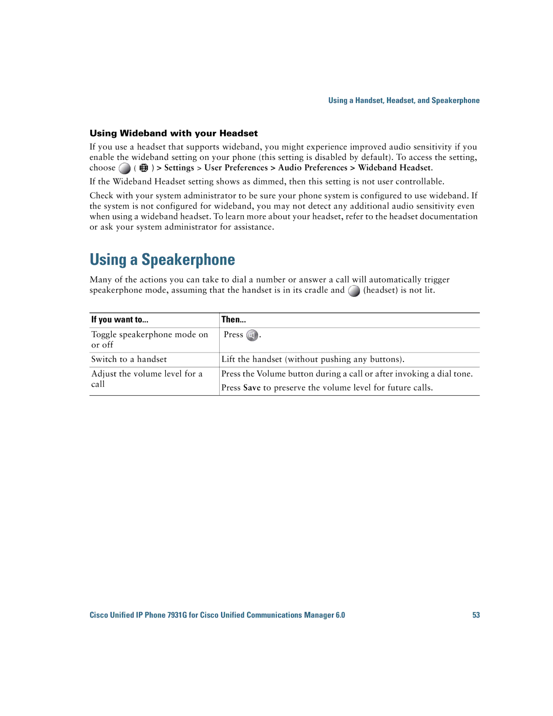 Cisco Systems 7931G manual Using a Speakerphone, Using Wideband with your Headset 