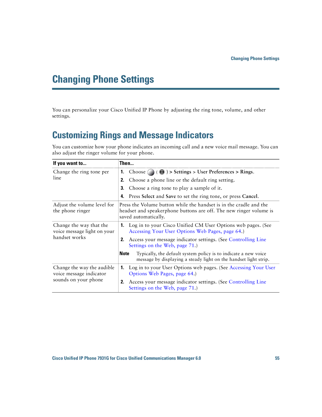 Cisco Systems 7931G Changing Phone Settings, Customizing Rings and Message Indicators, Settings User Preferences Rings 