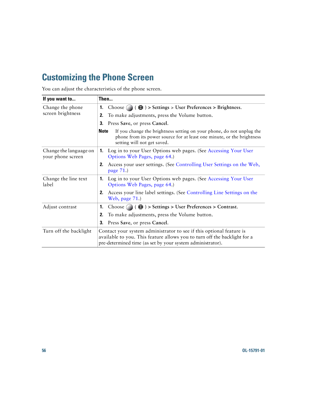 Cisco Systems 7931G Customizing the Phone Screen, Settings User Preferences Brightness, Settings User Preferences Contrast 