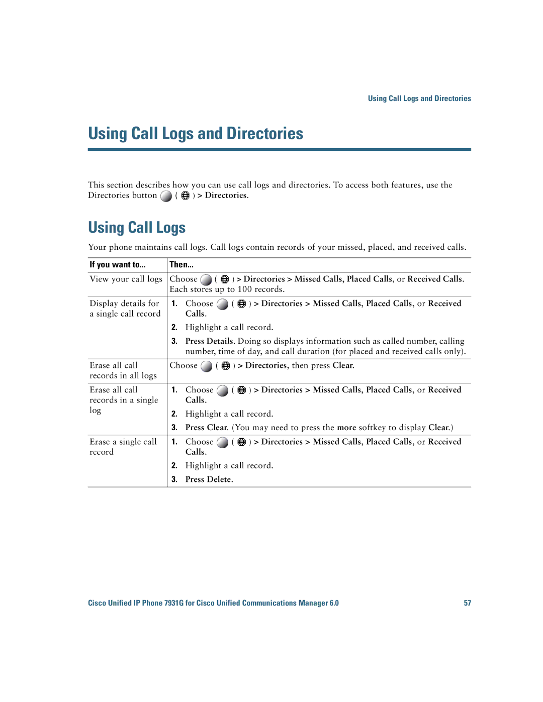 Cisco Systems 7931G manual Using Call Logs and Directories 