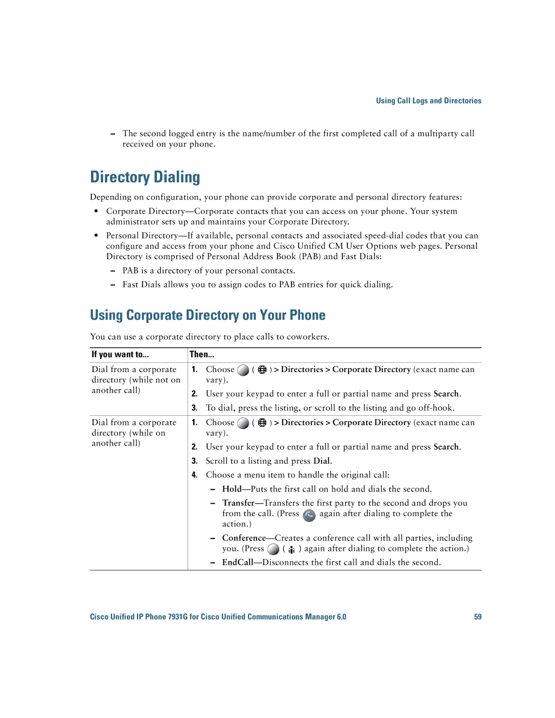 Cisco Systems 7931G manual Directory Dialing, Using Corporate Directory on Your Phone 