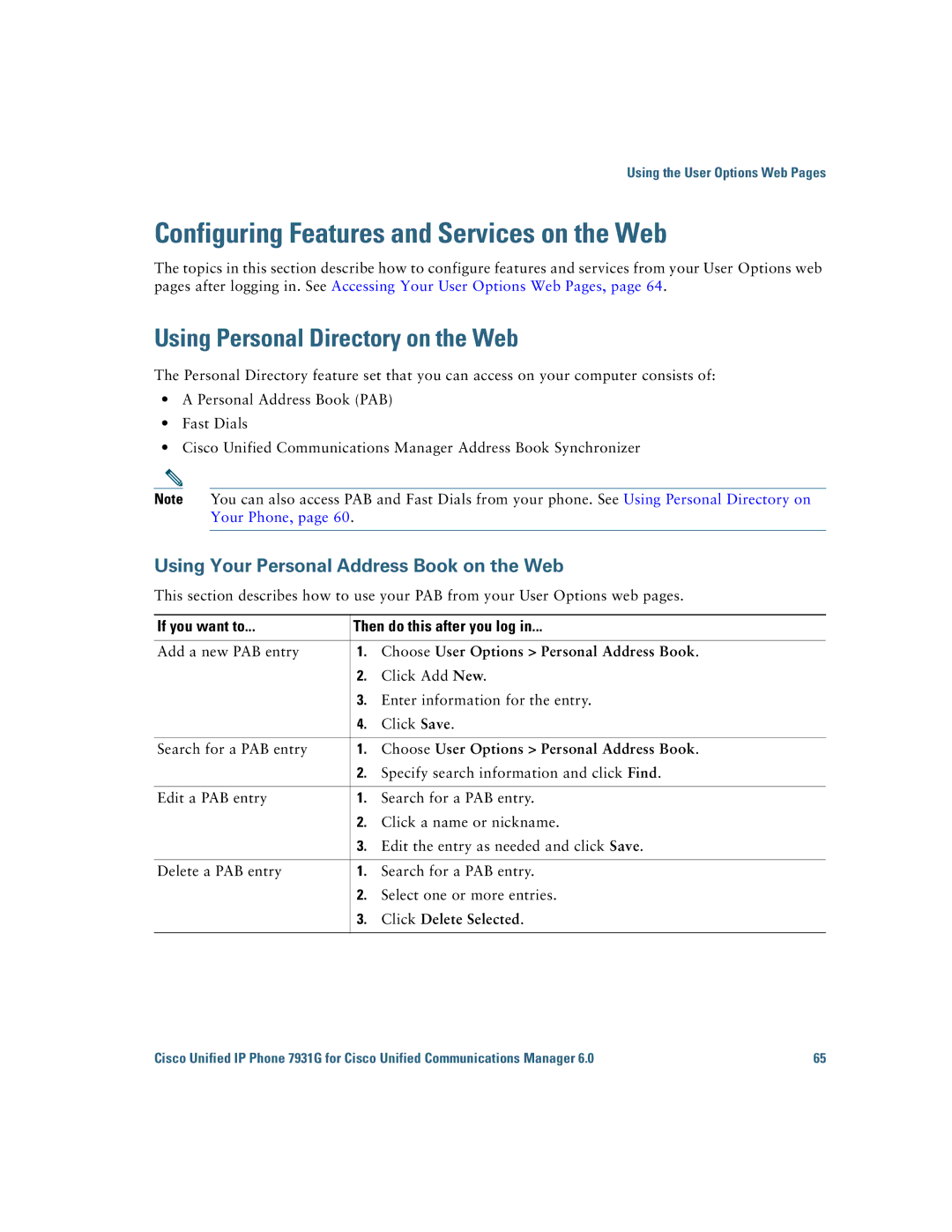 Cisco Systems 7931G manual Configuring Features and Services on the Web, Using Personal Directory on the Web 