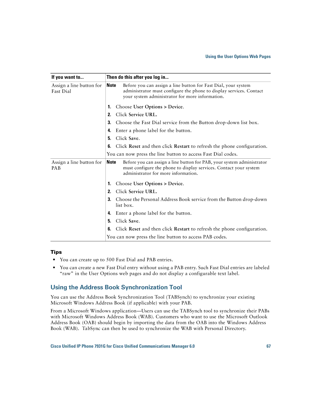 Cisco Systems 7931G manual Assign a line button for Fast Dial, Choose User Options Device Click Service URL 