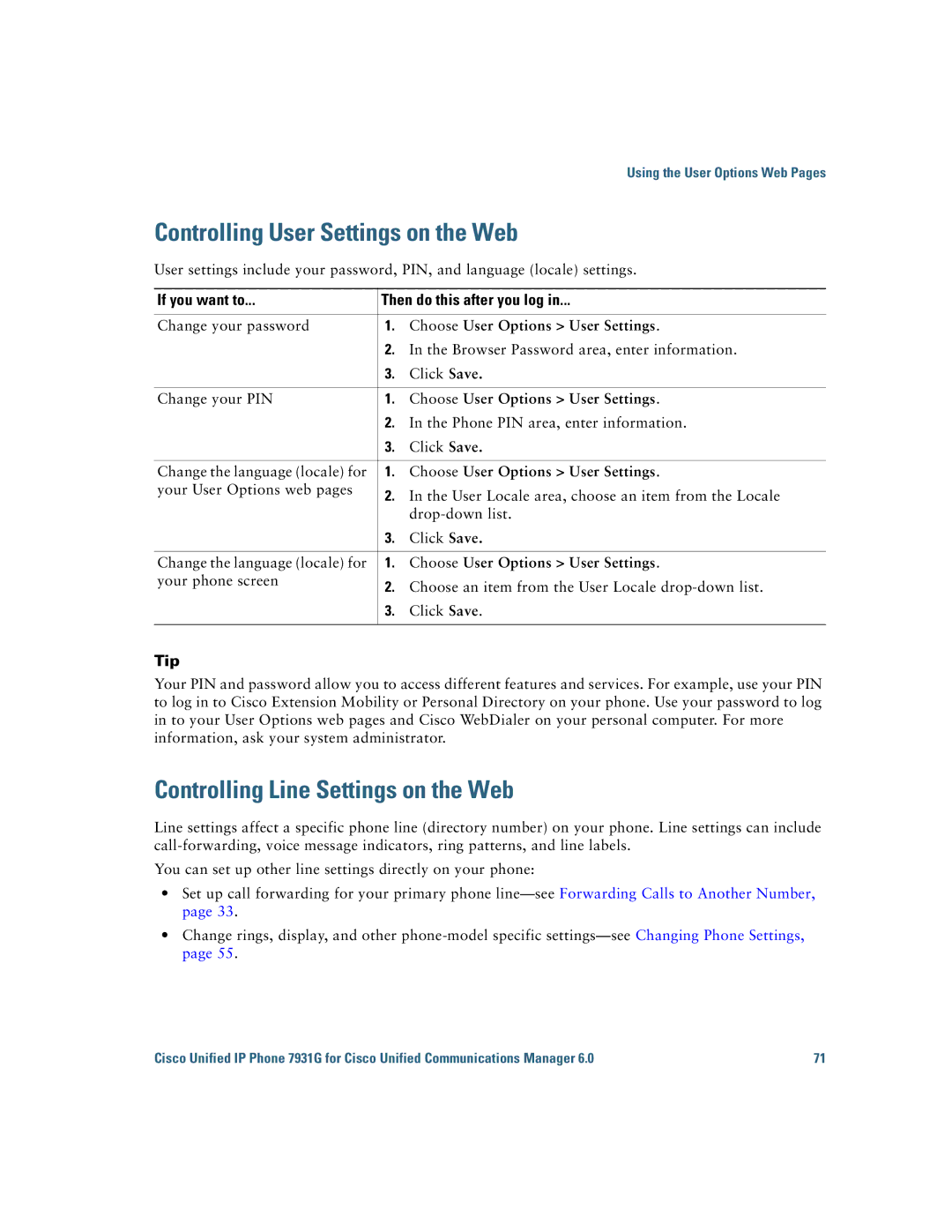 Cisco Systems 7931G manual Controlling User Settings on the Web, Controlling Line Settings on the Web 