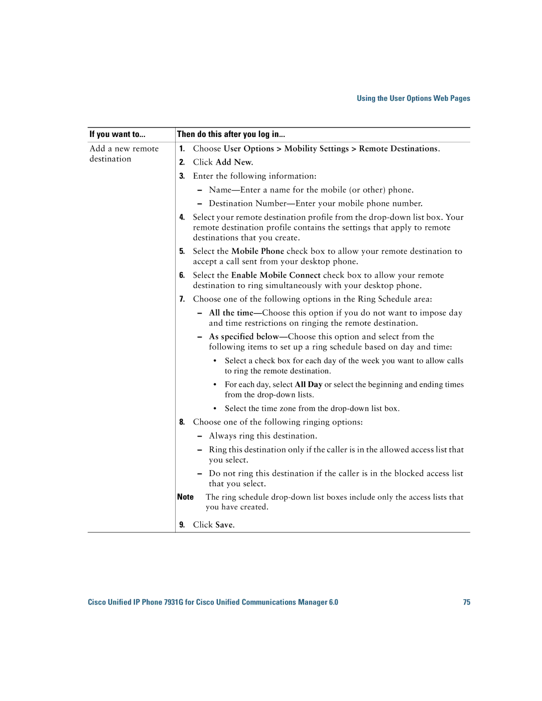 Cisco Systems 7931G manual Choose User Options Mobility Settings Remote Destinations 