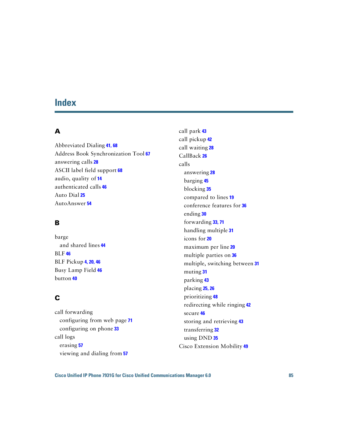 Cisco Systems 7931G manual Index 