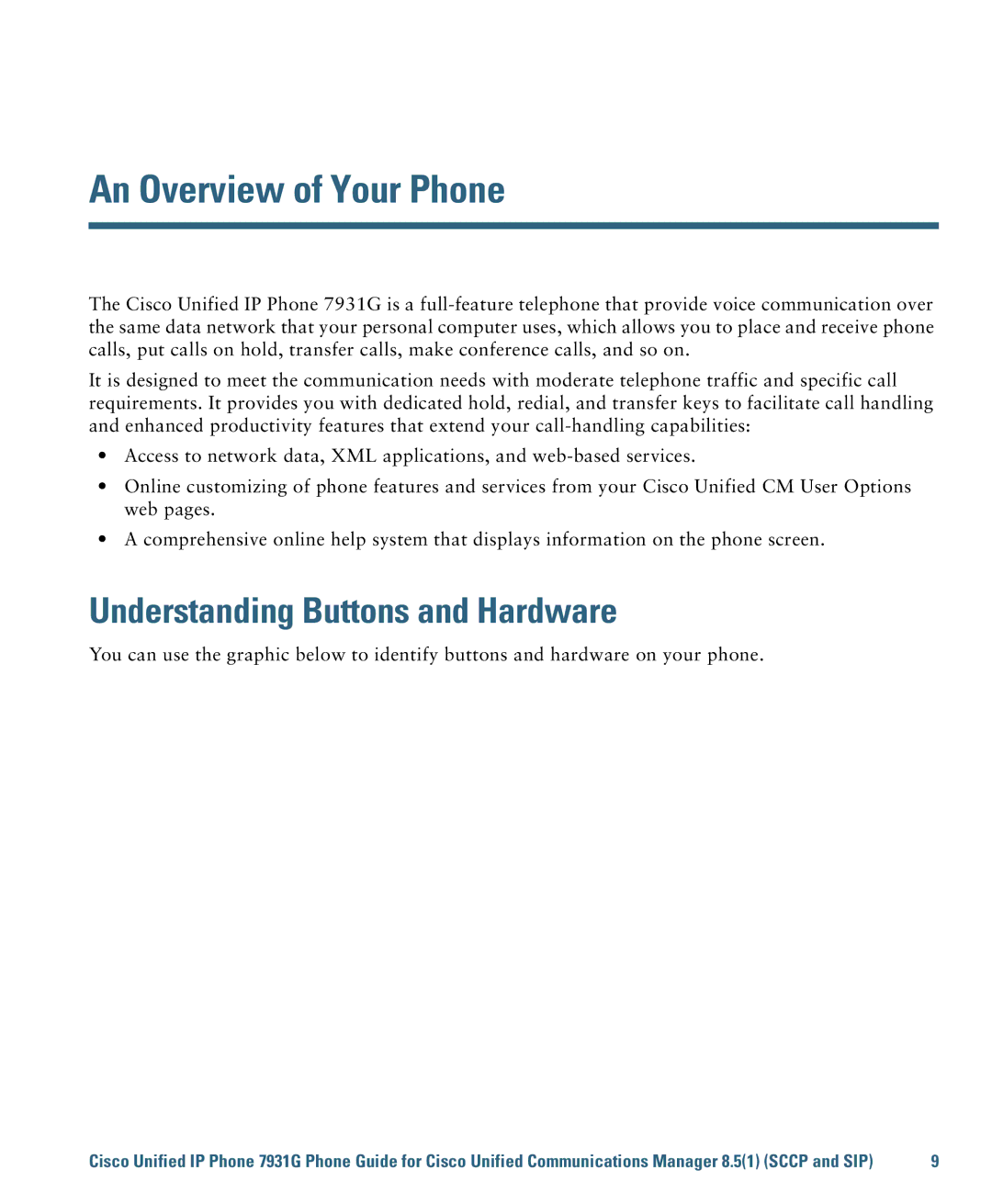 Cisco Systems 7931G manual An Overview of Your Phone, Understanding Buttons and Hardware 