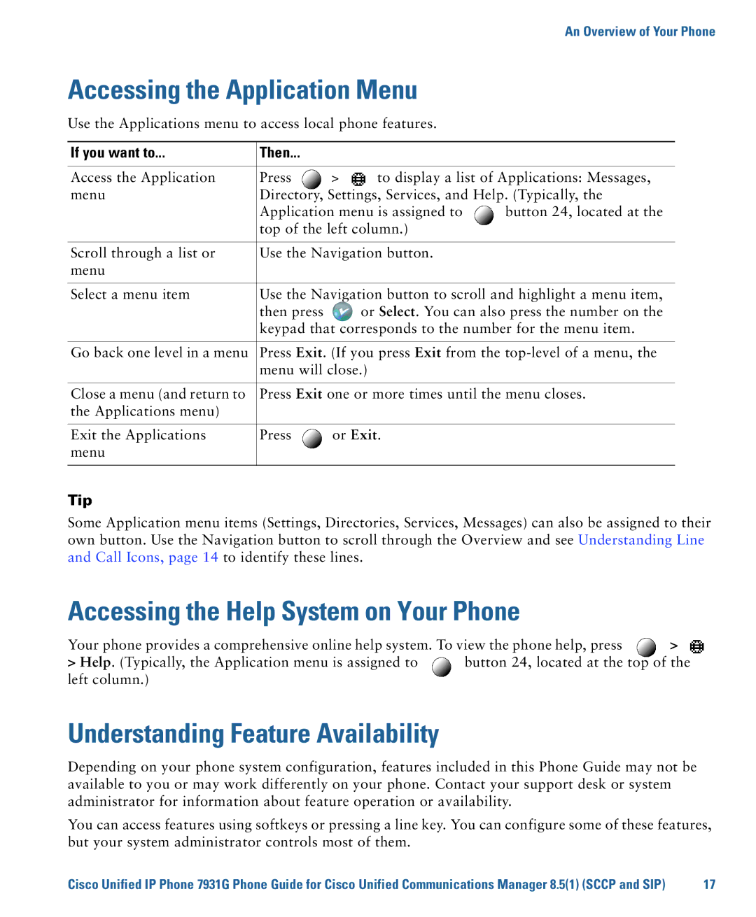 Cisco Systems 7931G manual Accessing the Application Menu, Accessing the Help System on Your Phone 