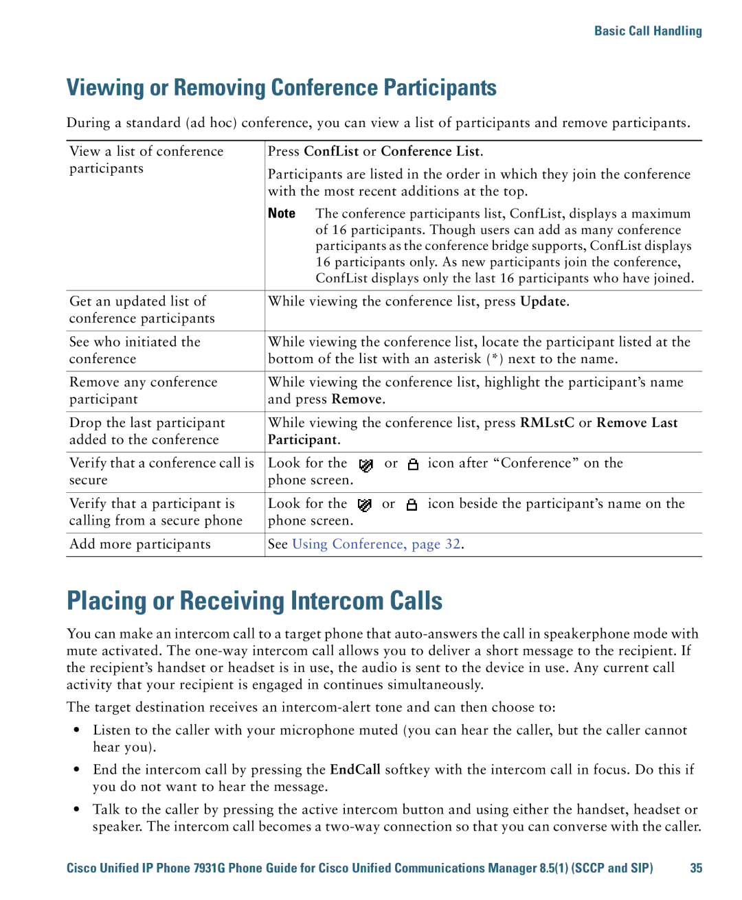 Cisco Systems 7931G Placing or Receiving Intercom Calls, Viewing or Removing Conference Participants, See Using Conference 