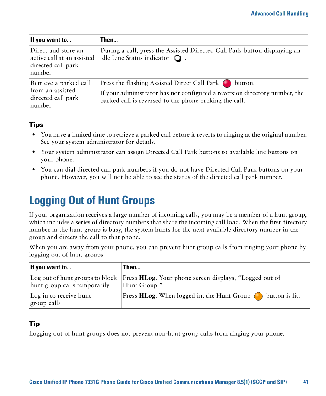 Cisco Systems 7931G manual Logging Out of Hunt Groups, Tip 