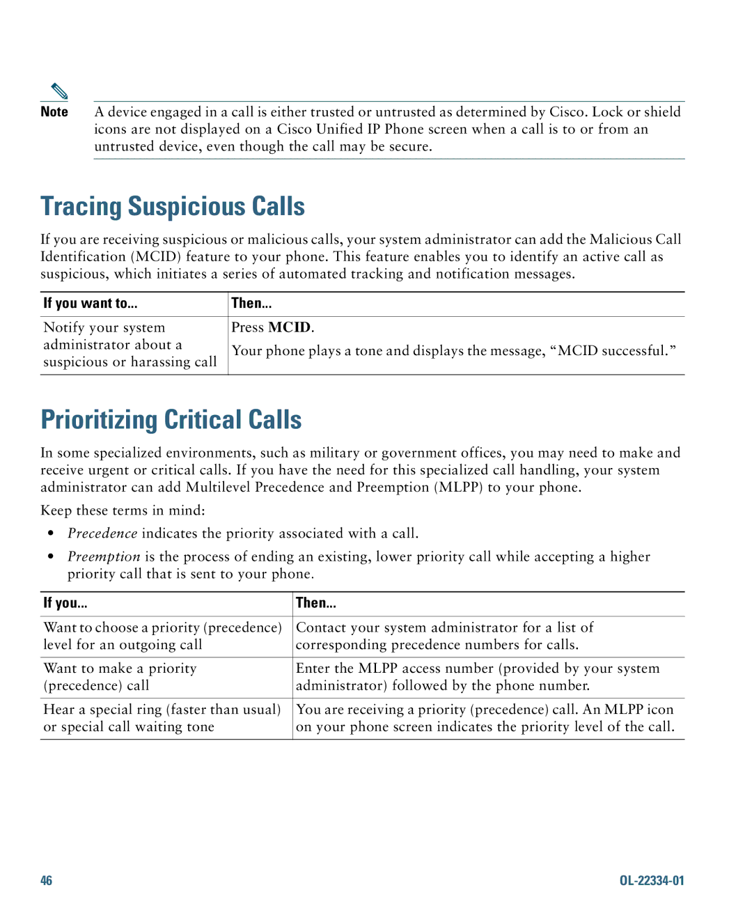 Cisco Systems 7931G manual Tracing Suspicious Calls, Prioritizing Critical Calls, If you Then 