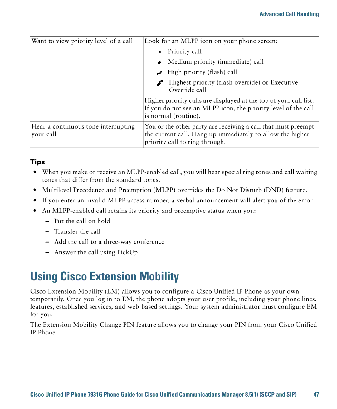 Cisco Systems 7931G manual Using Cisco Extension Mobility, Tips 