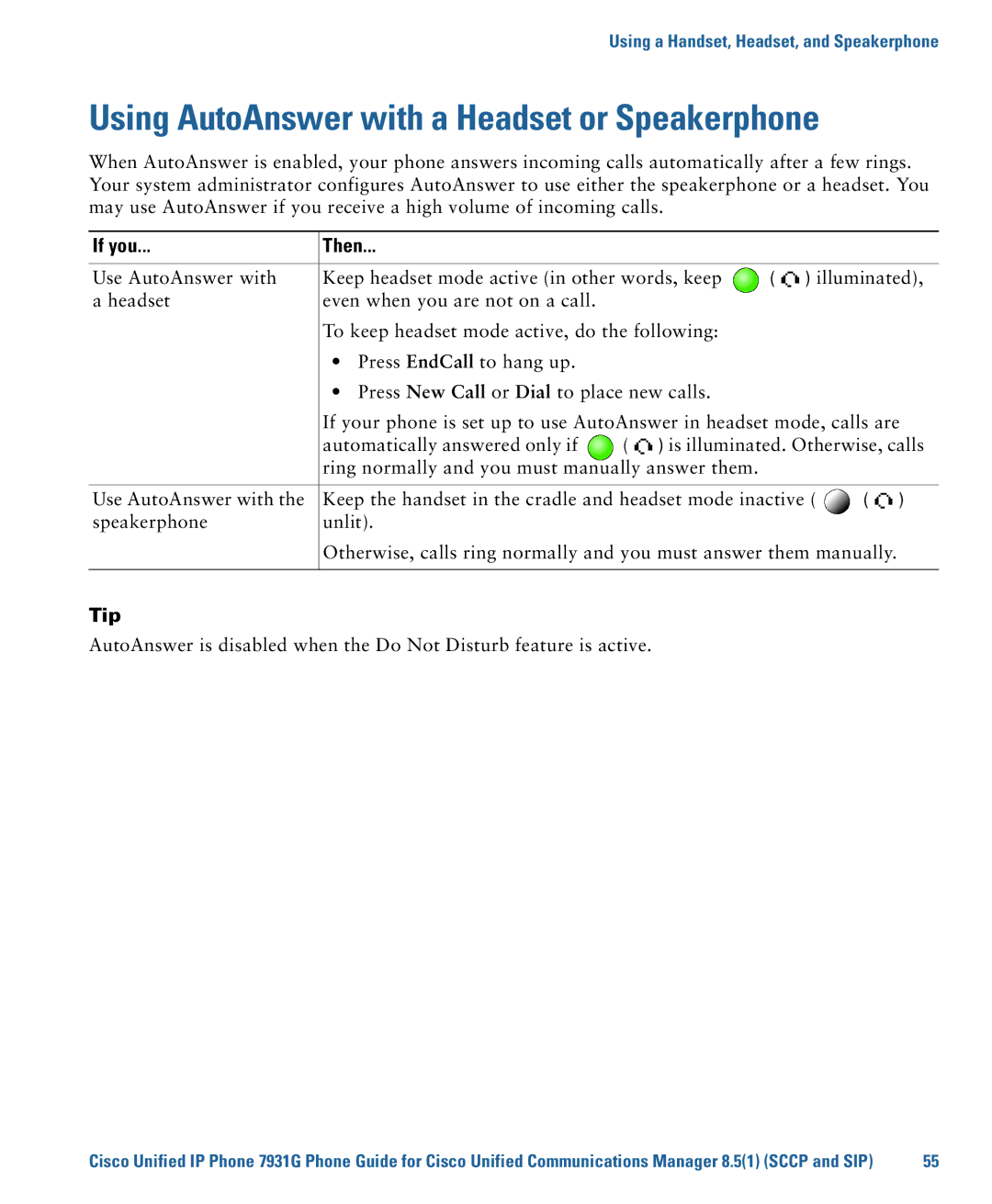 Cisco Systems 7931G manual Using AutoAnswer with a Headset or Speakerphone, If you Then 