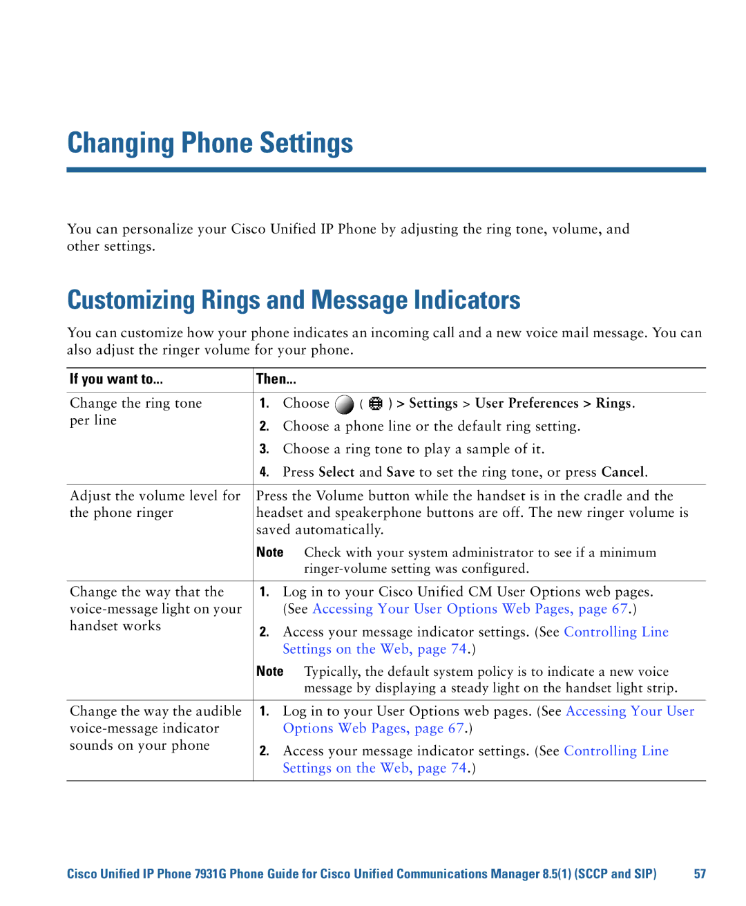 Cisco Systems 7931G Changing Phone Settings, Customizing Rings and Message Indicators, Settings User Preferences Rings 