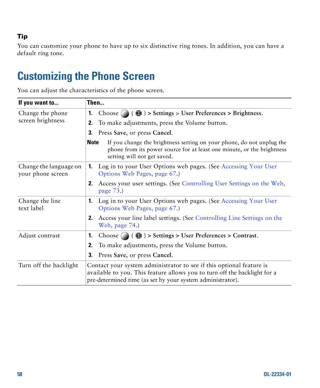 Cisco Systems 7931G Customizing the Phone Screen, Settings User Preferences Brightness, Settings User Preferences Contrast 