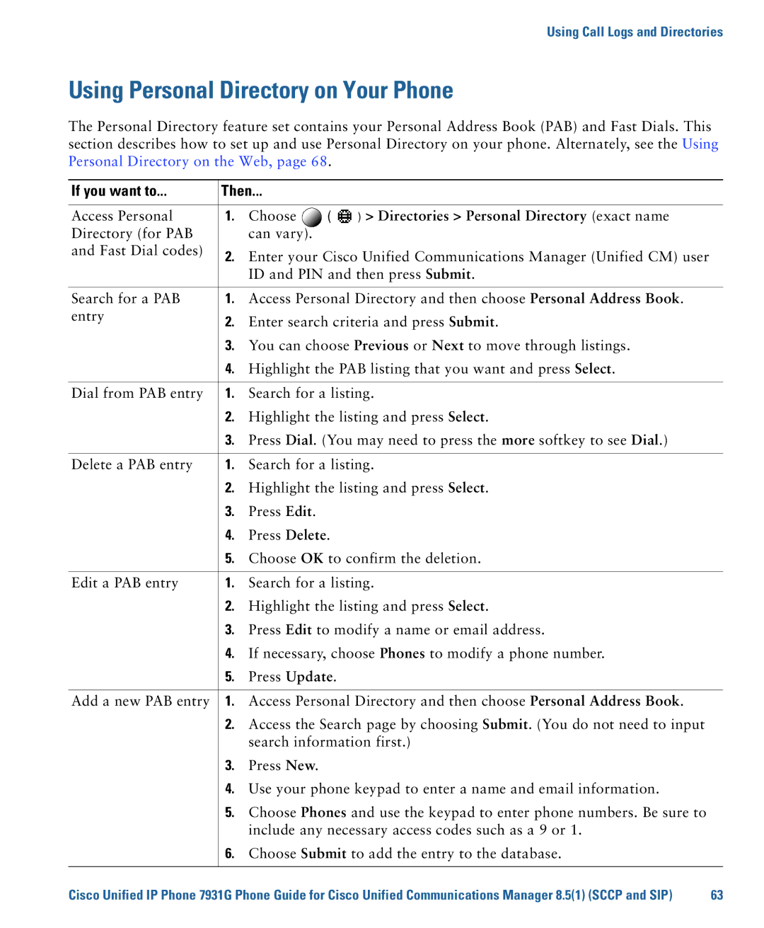 Cisco Systems 7931G manual Using Personal Directory on Your Phone, Directories Personal Directory exact name 