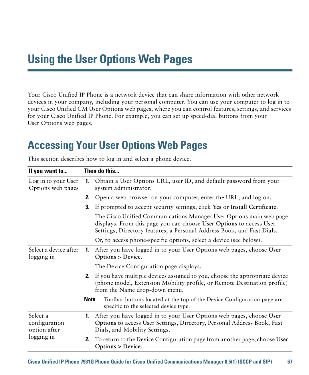 Cisco Systems 7931G Using the User Options Web Pages, Accessing Your User Options Web Pages, If you want to Then do this 