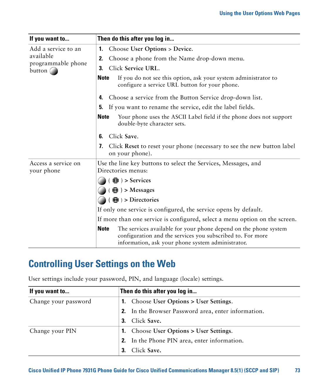 Cisco Systems 7931G manual Controlling User Settings on the Web, Services, Messages, Choose User Options User Settings 