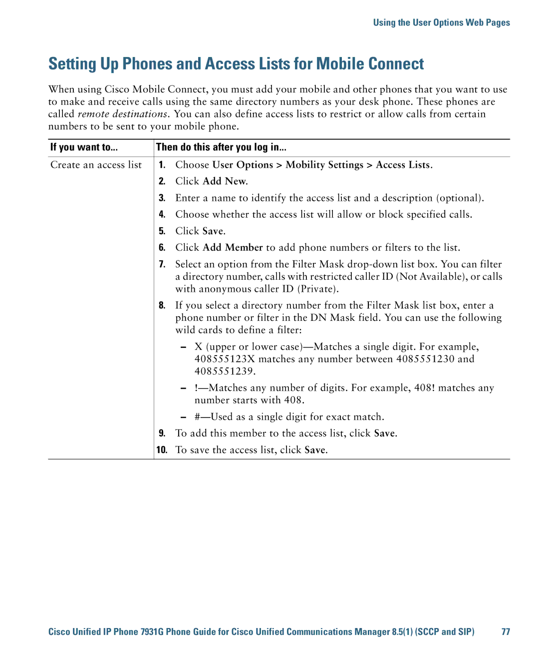 Cisco Systems 7931G manual Setting Up Phones and Access Lists for Mobile Connect 