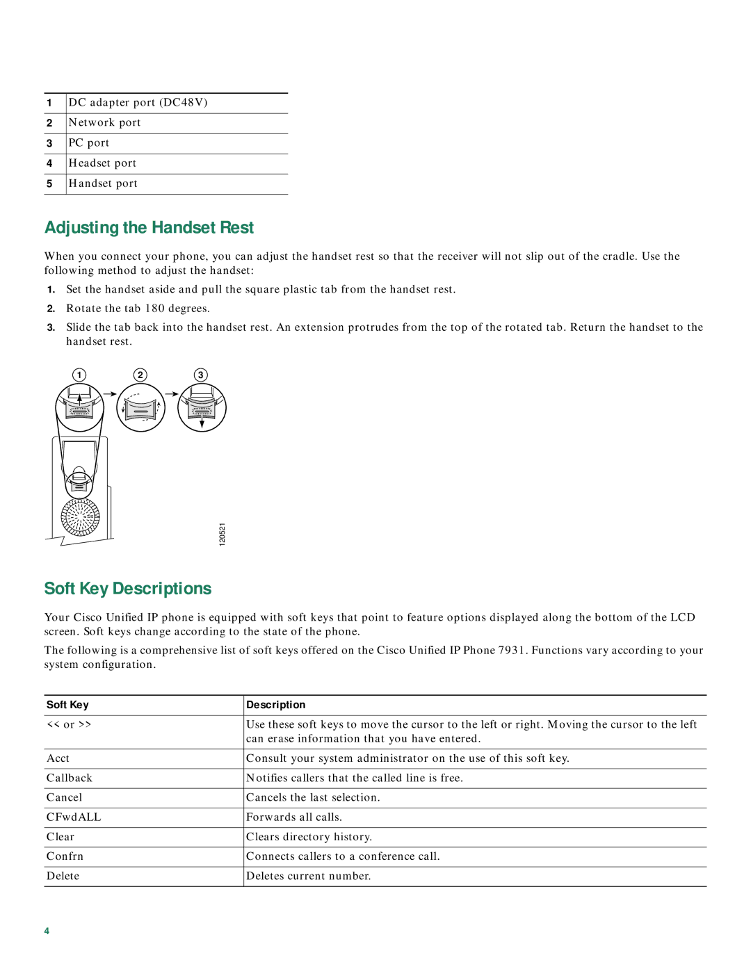 Cisco Systems 7931G manual Adjusting the Handset Rest, Soft Key Descriptions 