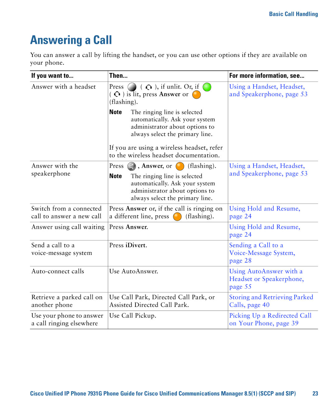 Cisco Systems 7931G manual Answering a Call, If you want to Then For more information, see 