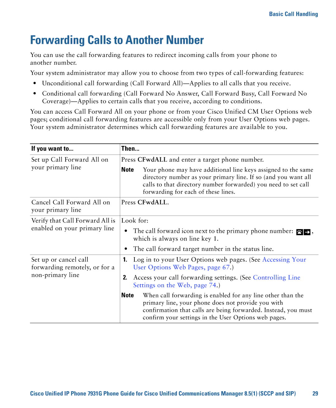 Cisco Systems 7931G manual Forwarding Calls to Another Number, User Options Web Pages, Settings on the Web 