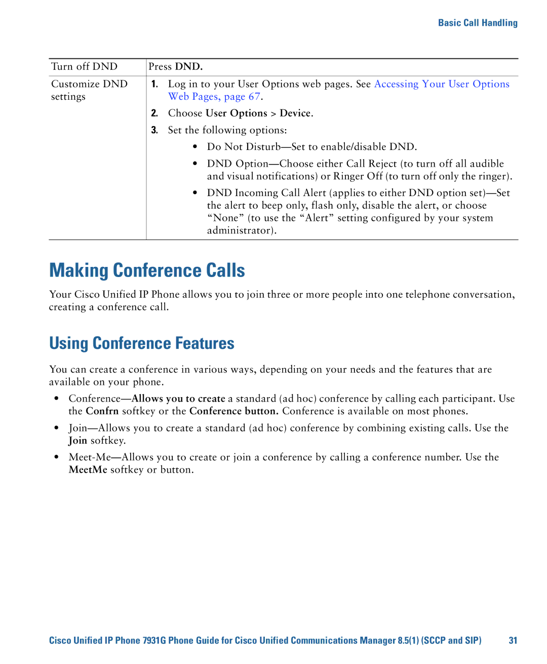 Cisco Systems 7931G manual Making Conference Calls, Using Conference Features, Web Pages, Choose User Options Device 