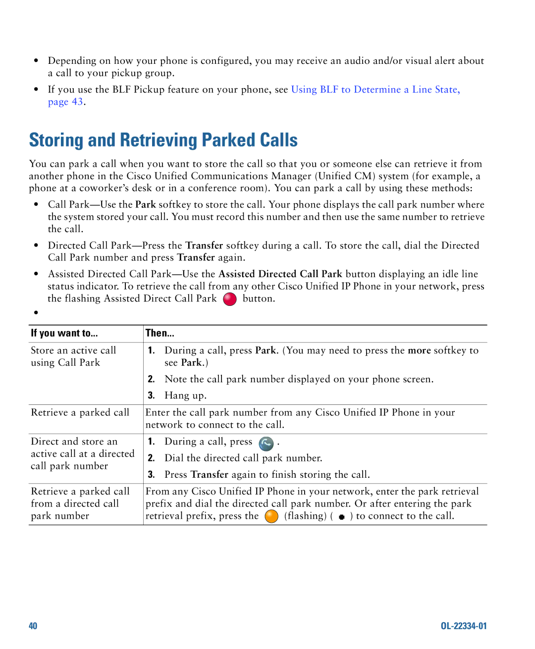 Cisco Systems 7931G manual Storing and Retrieving Parked Calls 