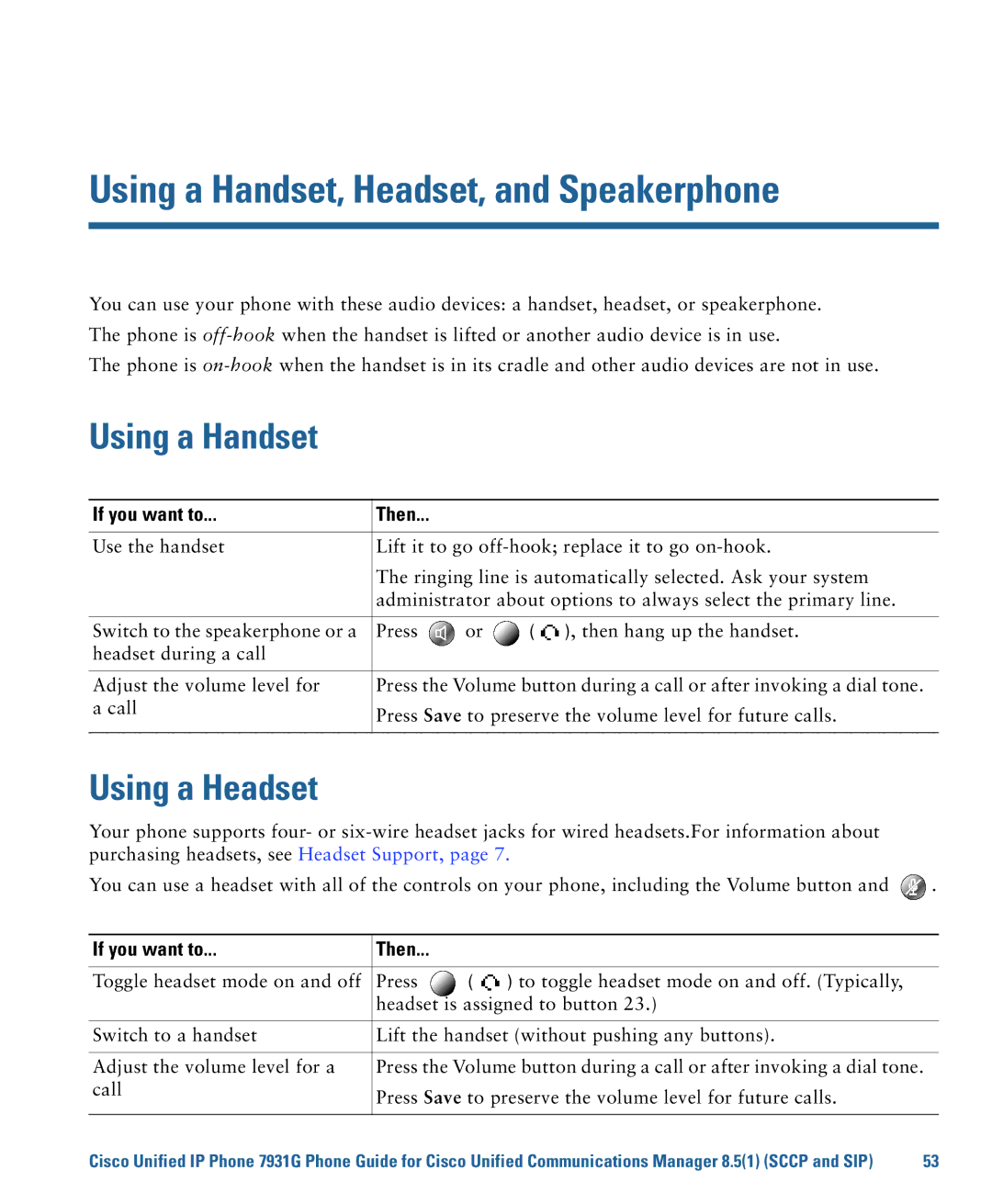 Cisco Systems 7931G manual Using a Handset, Headset, and Speakerphone, Using a Headset 