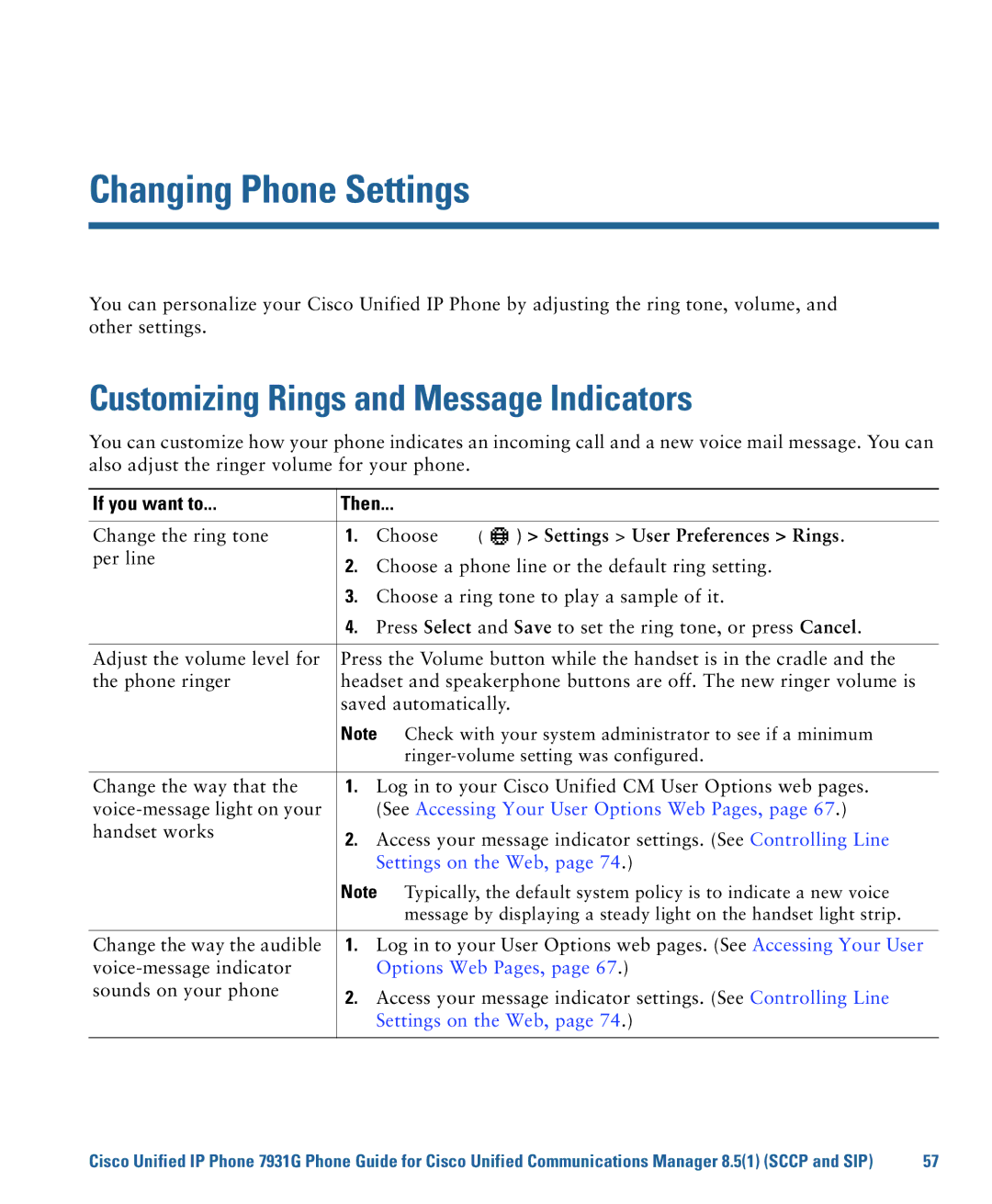 Cisco Systems 7931G Changing Phone Settings, Customizing Rings and Message Indicators, Settings User Preferences Rings 