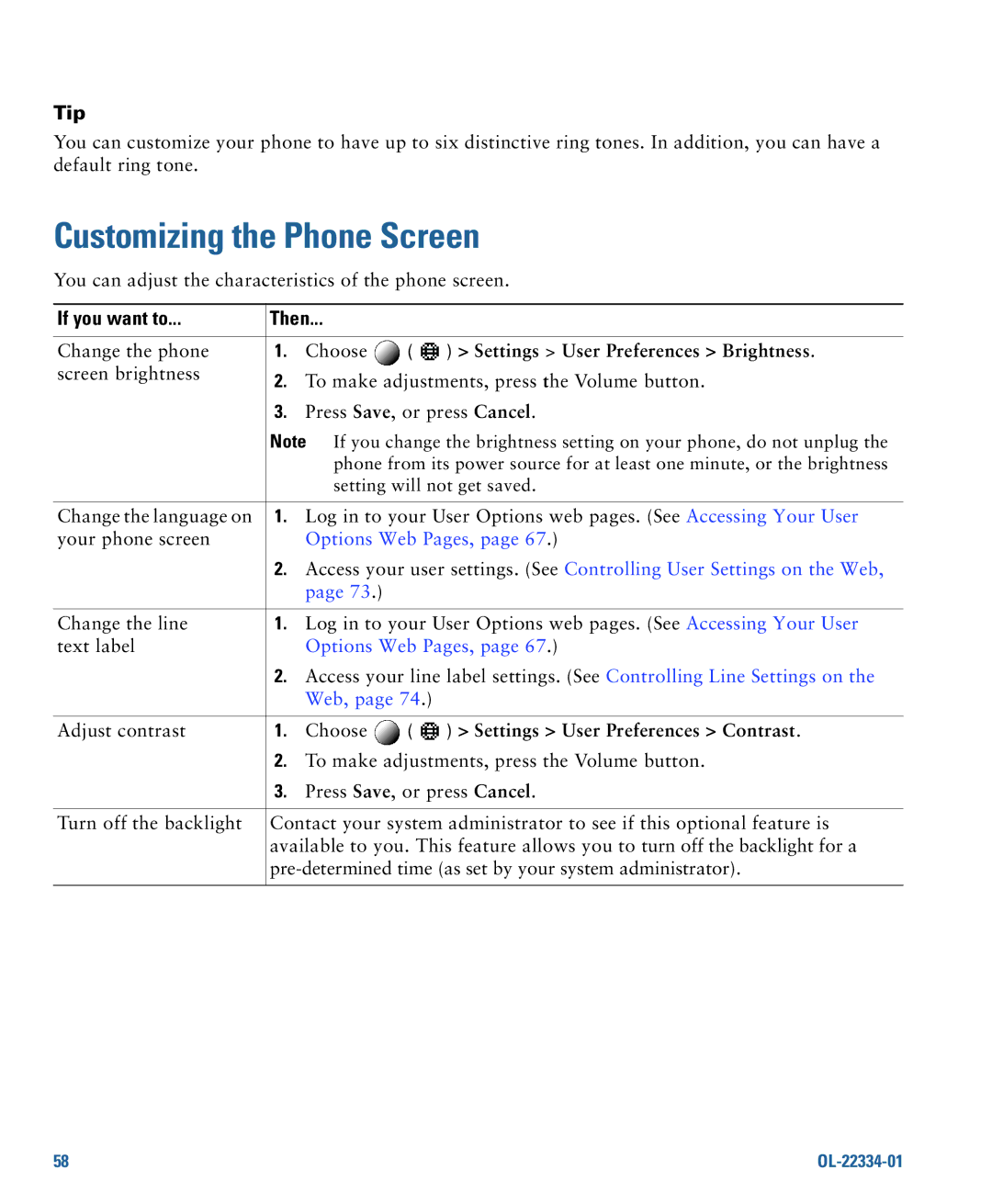 Cisco Systems 7931G Customizing the Phone Screen, Settings User Preferences Brightness, Settings User Preferences Contrast 