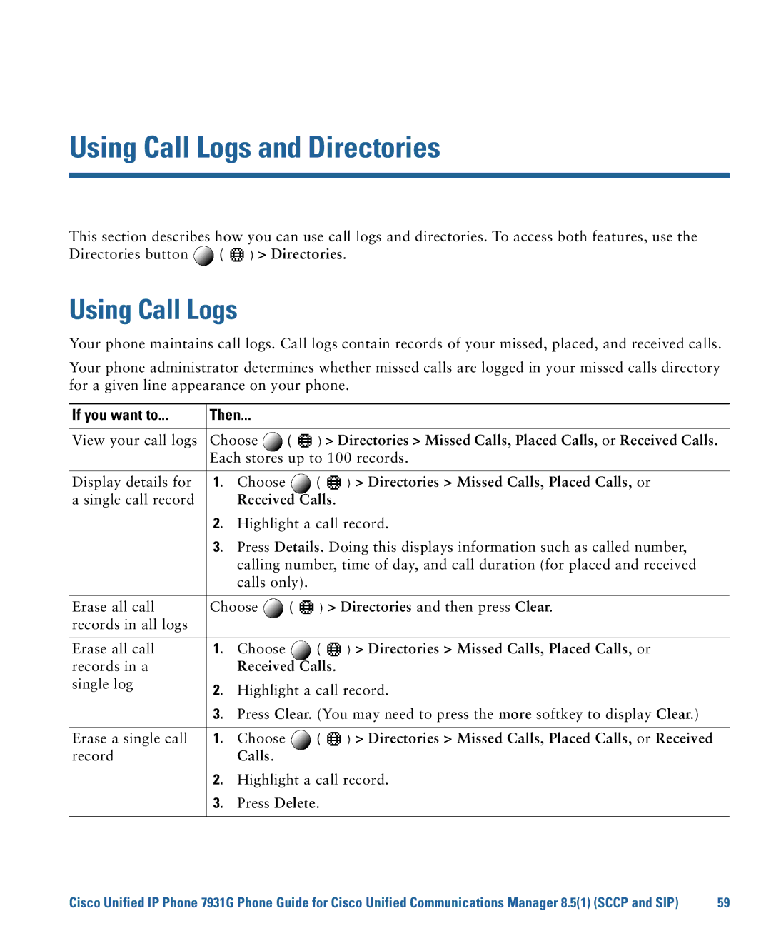 Cisco Systems 7931G manual Using Call Logs and Directories 