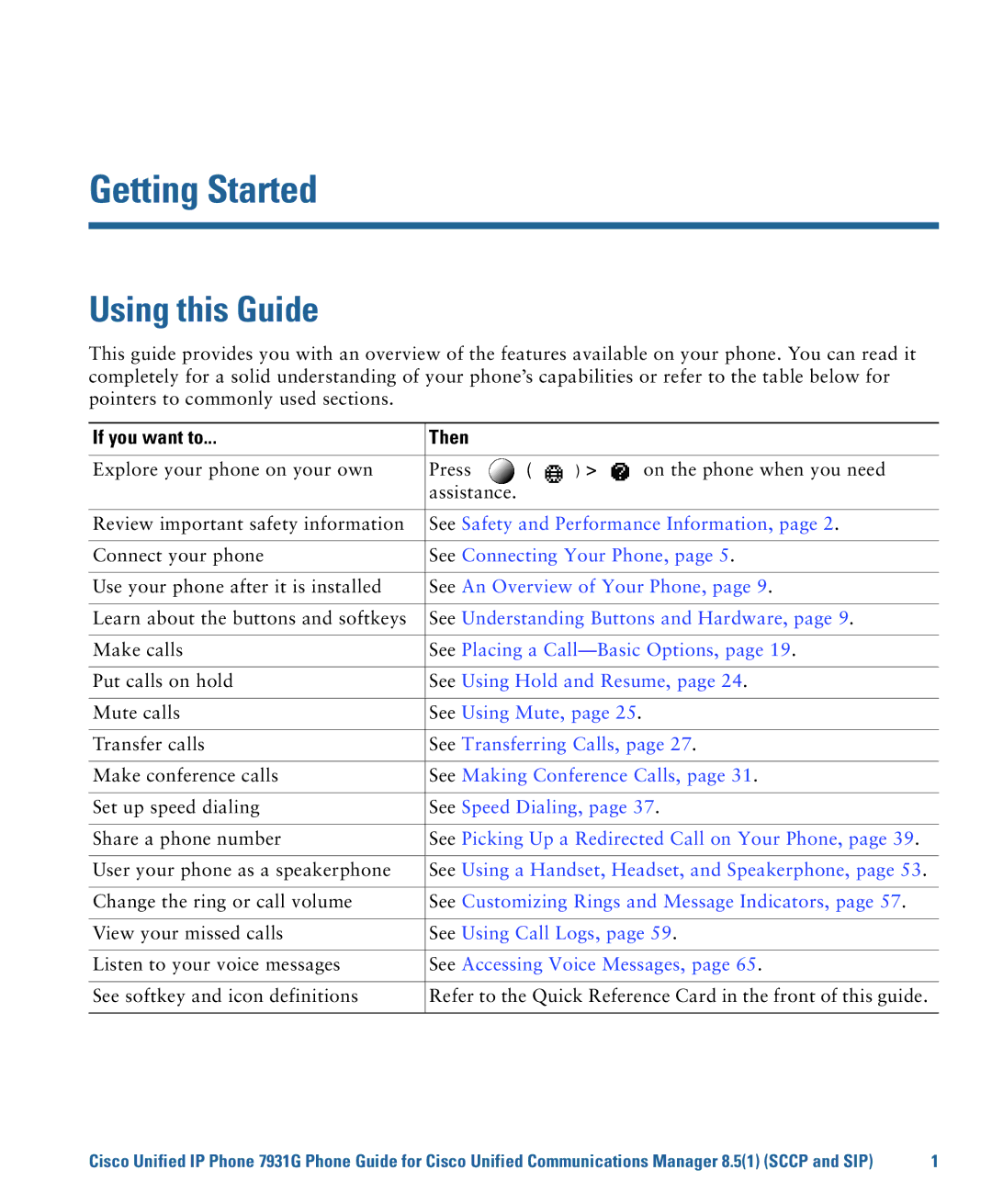 Cisco Systems 7931G manual Getting Started, Using this Guide, If you want to Then 