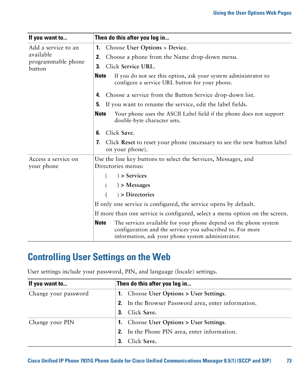 Cisco Systems 7931G manual Controlling User Settings on the Web, Services, Messages, Choose User Options User Settings 