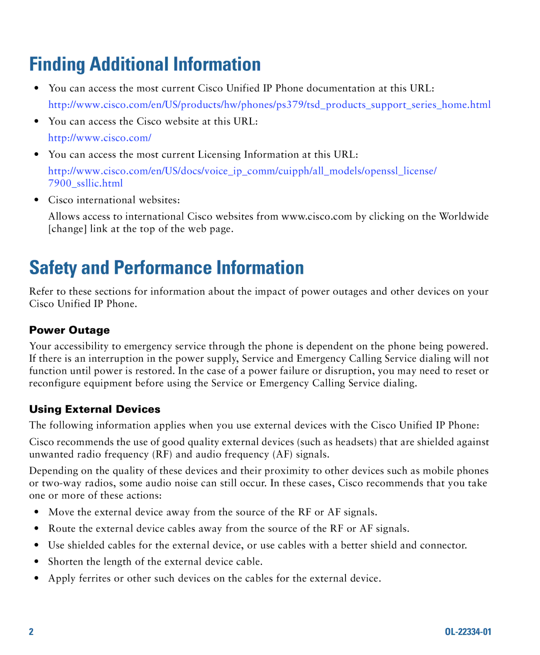 Cisco Systems 7931G manual Finding Additional Information, Safety and Performance Information, Power Outage 