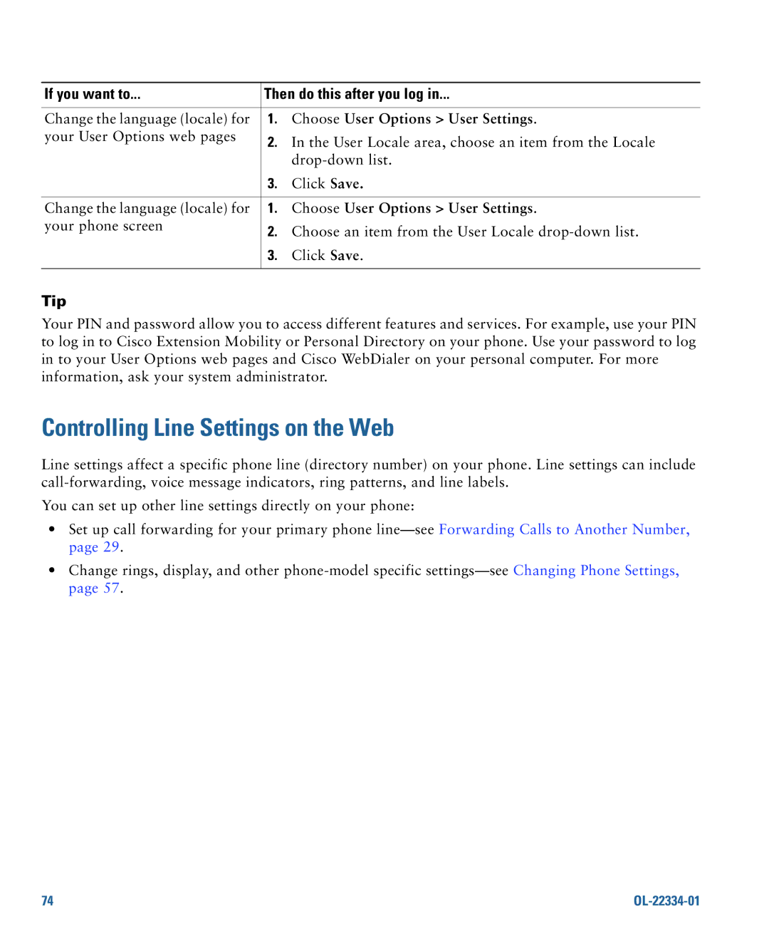 Cisco Systems 7931G manual Controlling Line Settings on the Web, Tip 