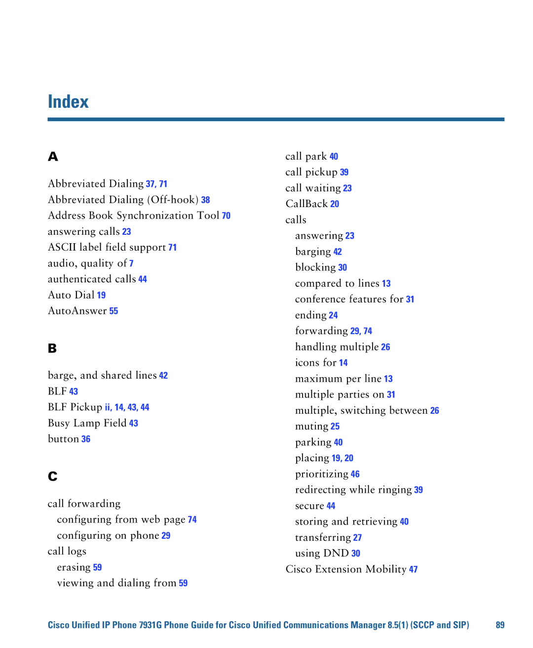 Cisco Systems 7931G manual Index 