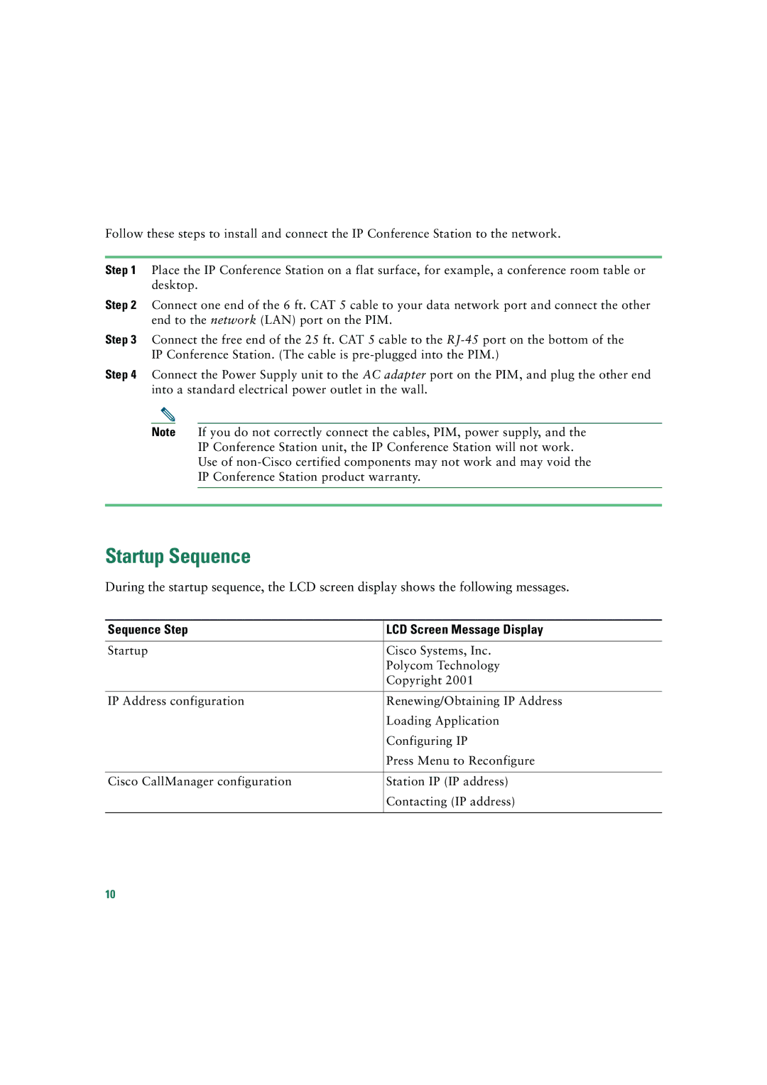 Cisco Systems 7935 quick start Startup Sequence, Sequence Step LCD Screen Message Display 