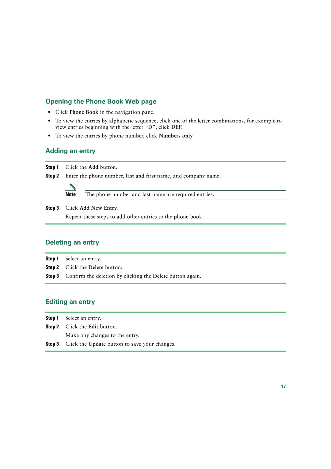 Cisco Systems 7935 quick start Opening the Phone Book Web, Adding an entry, Deleting an entry, Editing an entry 