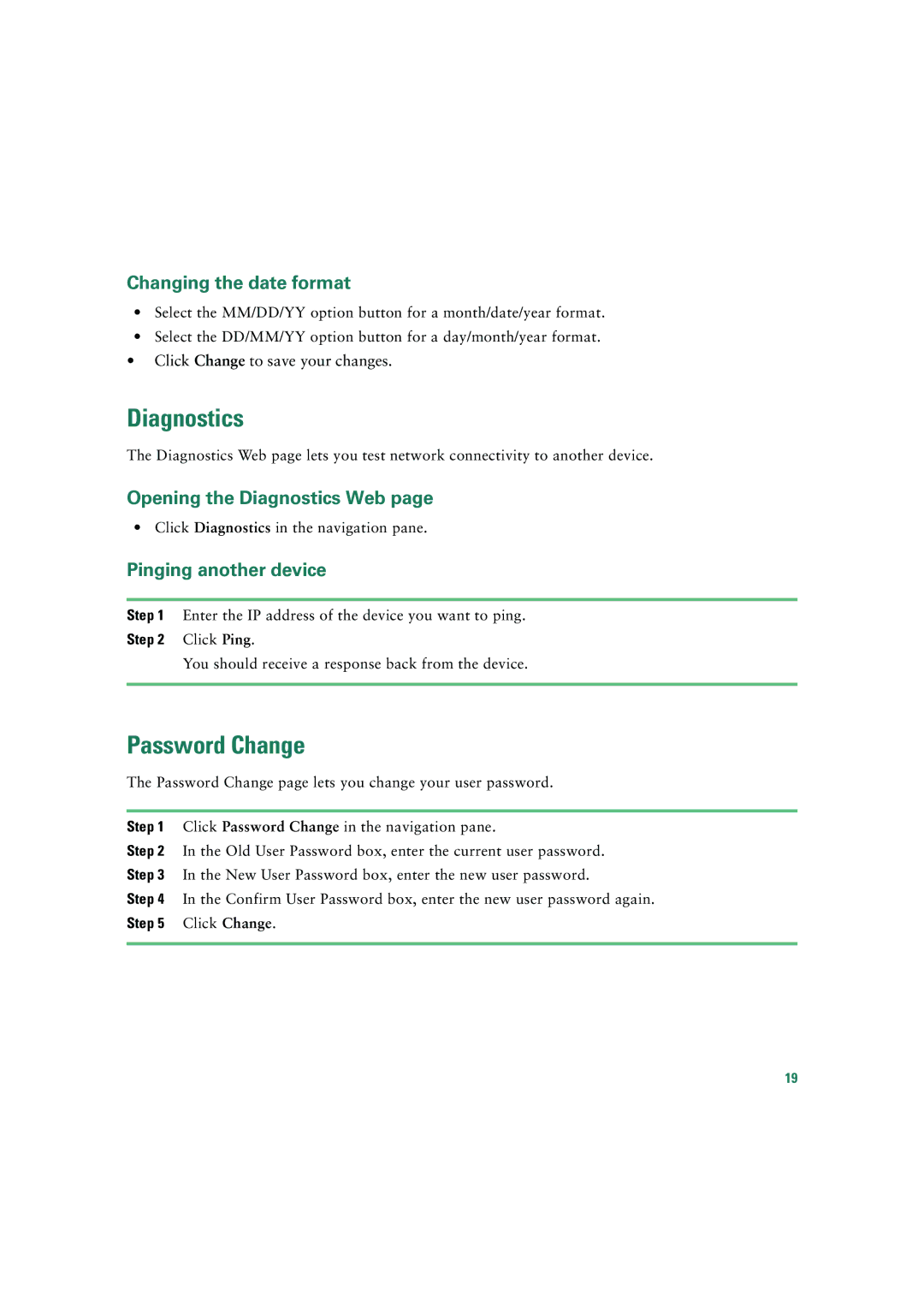 Cisco Systems 7935 Password Change, Changing the date format, Opening the Diagnostics Web, Pinging another device 