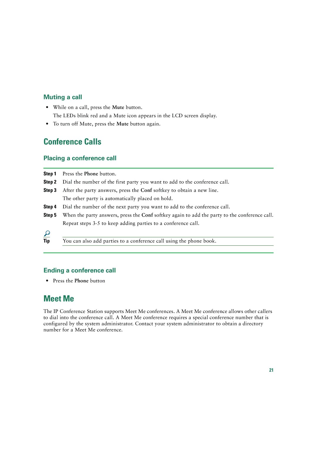 Cisco Systems 7935 Conference Calls, Meet Me, Muting a call, Placing a conference call, Ending a conference call 