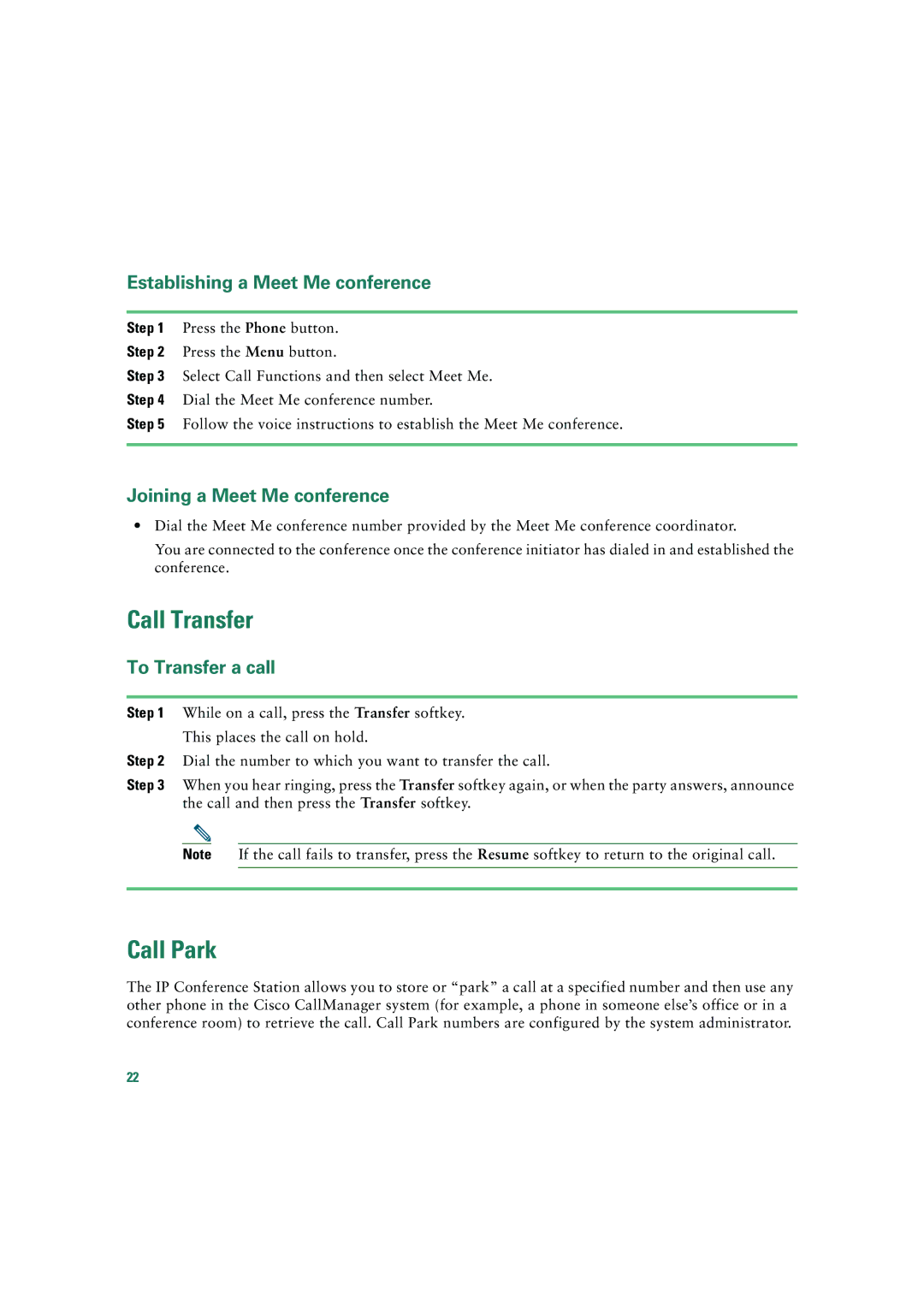 Cisco Systems 7935 quick start Call Transfer, Call Park, Establishing a Meet Me conference, Joining a Meet Me conference 